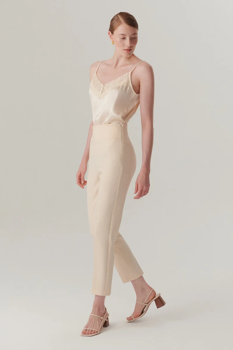 EXQUISE Straight Cut Regular Bone Trousers with Back Waist Detail