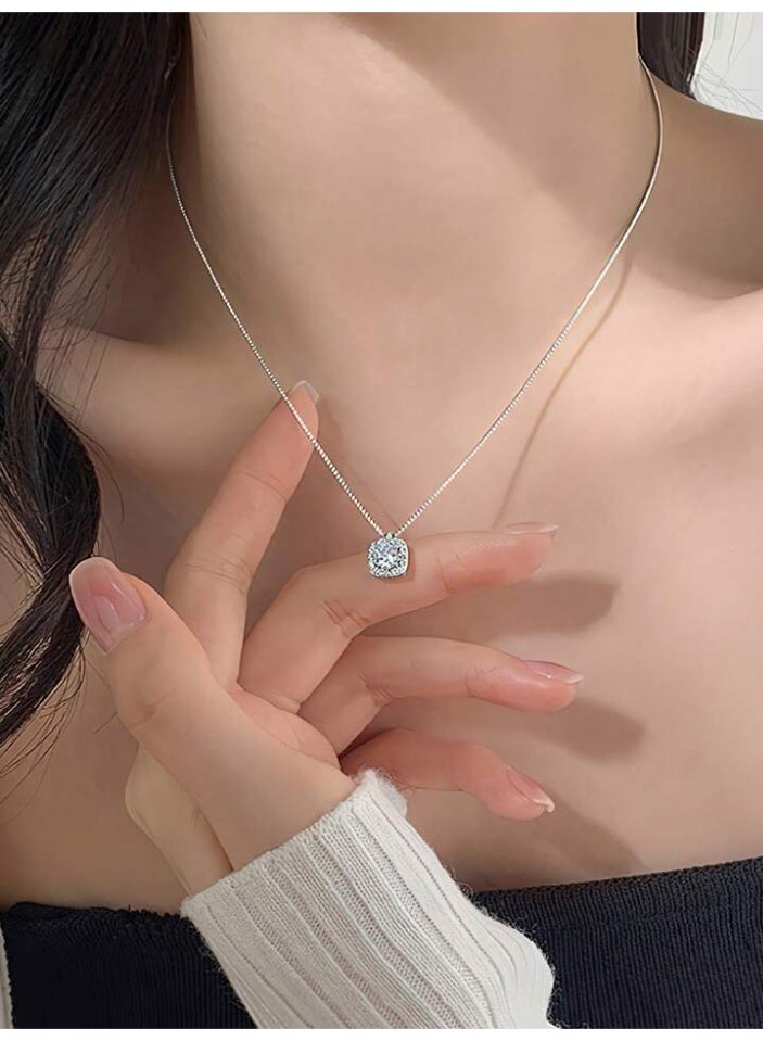 925 Sterling Silver Charms Delicate Luxurious Pendant Necklace Crafted From 925 Sterling Silver With High Quality And Precision Featuring A Sparkling Round Cubic Zirconia Center Stone Distinctively Set Within A Square Edged Frame And Surrounded By Small Sparkling Cubic Zirconia Stones Adding Depth And Extra Sparkle To The Princess She Deserves  - Image 1