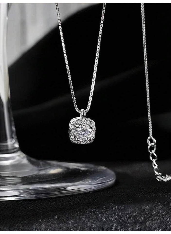925 Sterling Silver Charms Delicate Luxurious Pendant Necklace Crafted From 925 Sterling Silver With High Quality And Precision Featuring A Sparkling Round Cubic Zirconia Center Stone Distinctively Set Within A Square Edged Frame And Surrounded By Small Sparkling Cubic Zirconia Stones Adding Depth And Extra Sparkle To The Princess She Deserves  - Image 2