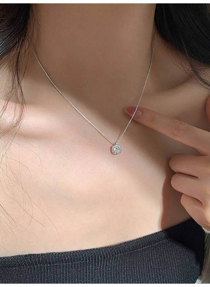 925 Sterling Silver Charms Delicate Luxurious Pendant Necklace Crafted From 925 Sterling Silver With High Quality And Precision Featuring A Sparkling Round Cubic Zirconia Center Stone Distinctively Set Within A Square Edged Frame And Surrounded By Small Sparkling Cubic Zirconia Stones Adding Depth And Extra Sparkle To The Princess She Deserves  - Image 4