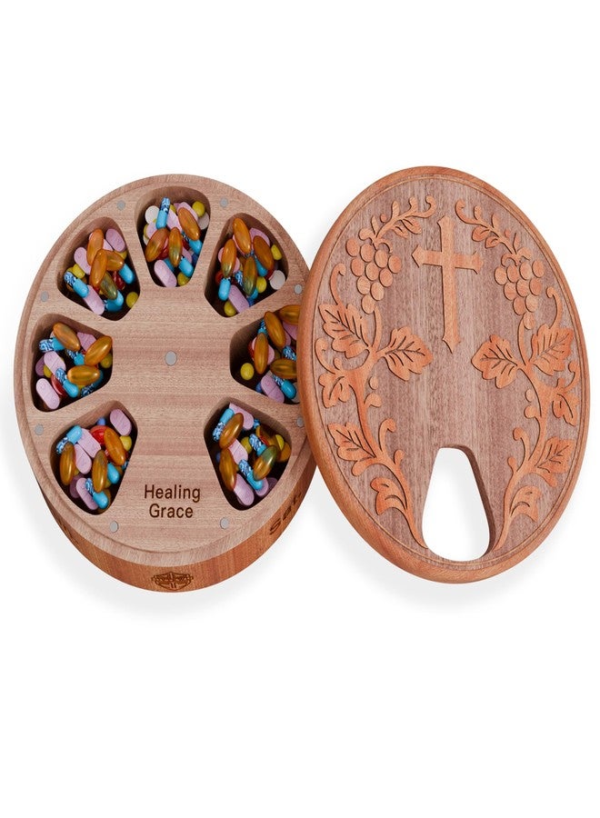 OYTKWU Wooden Weekly Pill Organizer - 7 Day Pill Box with Cross Engraving for Christian Religious Gift for Parents, Gift for Mom from Daughter Son (Sapele Max Healing Grace - Image 1