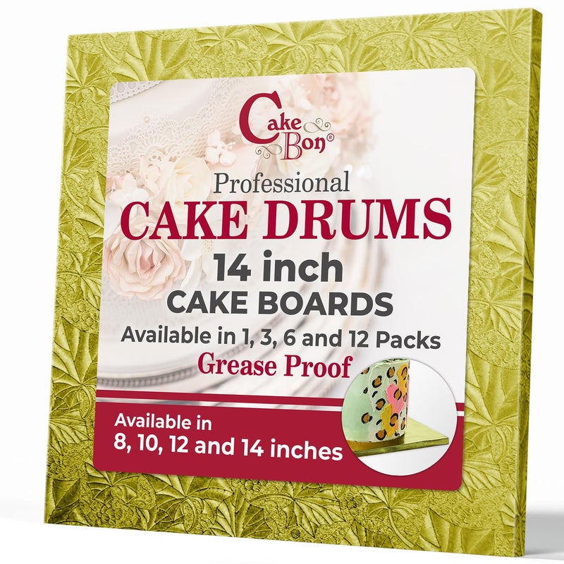 Cakebon Cakebon Cake Boards Square  Sturdy 12 Inch Thick Drums  14 Inch Professionally Wrapped Edges Gold 1Pack 