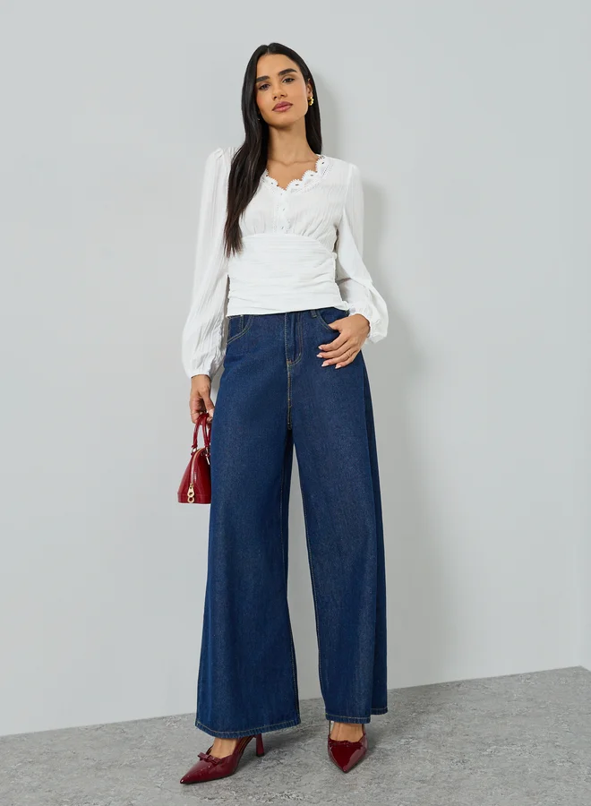 Take Two White Long Sleeve Top with Lace Trim