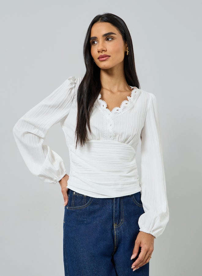 Take Two White Long Sleeve Top with Lace Trim - Image 1