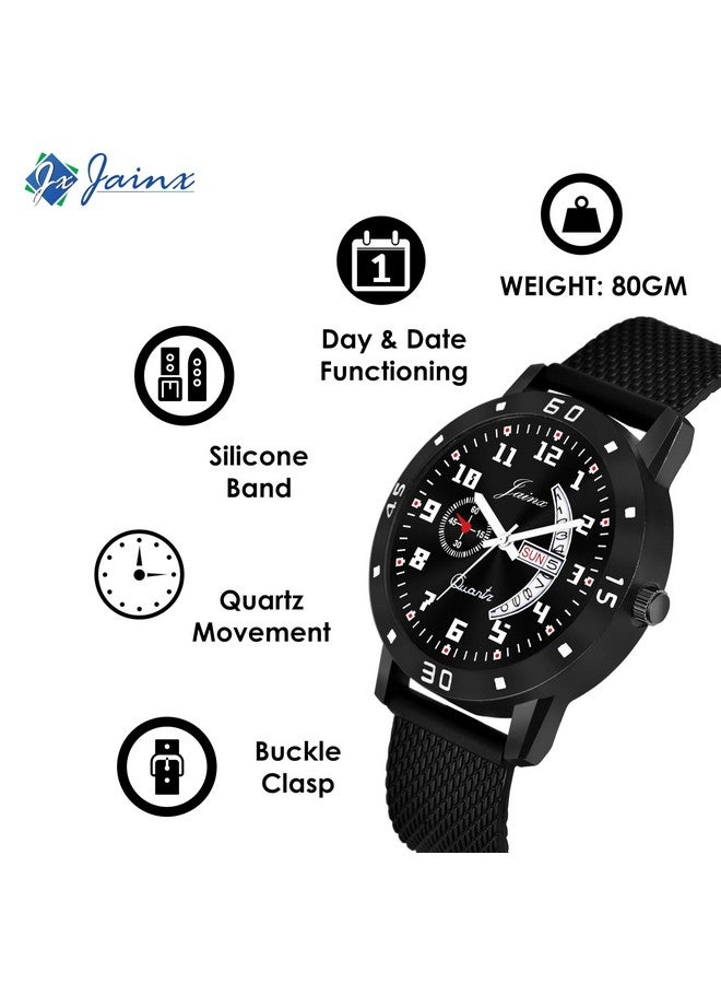 jainx Silicone Strap Black Day and Date Feature Analog Wrist Watch for Men & Boys - JM396 - Image 3