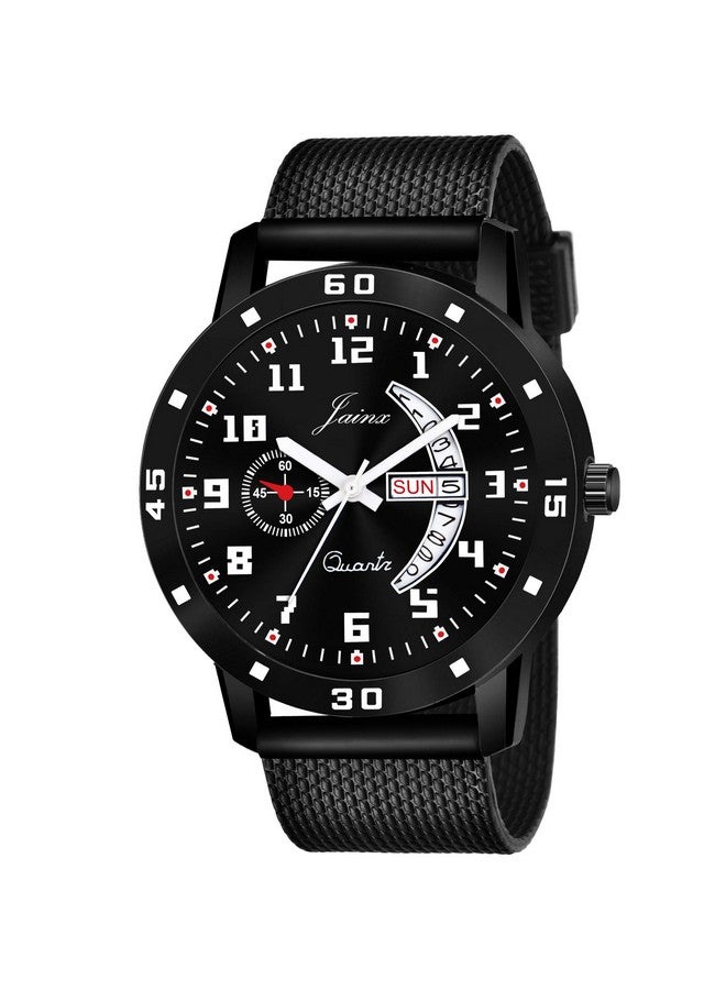jainx Silicone Strap Black Day and Date Feature Analog Wrist Watch for Men & Boys - JM396 - Image 1