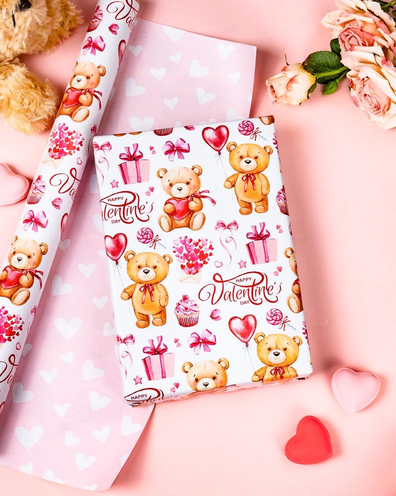 MAYPLUSS Valentines Day Wrapping Paper, Pink Heart Wrap Paper Cute Bear Gift Wrapping Roll for Girl Anniversaries Romantic Celebration, 17 in x 33ft - Image 2