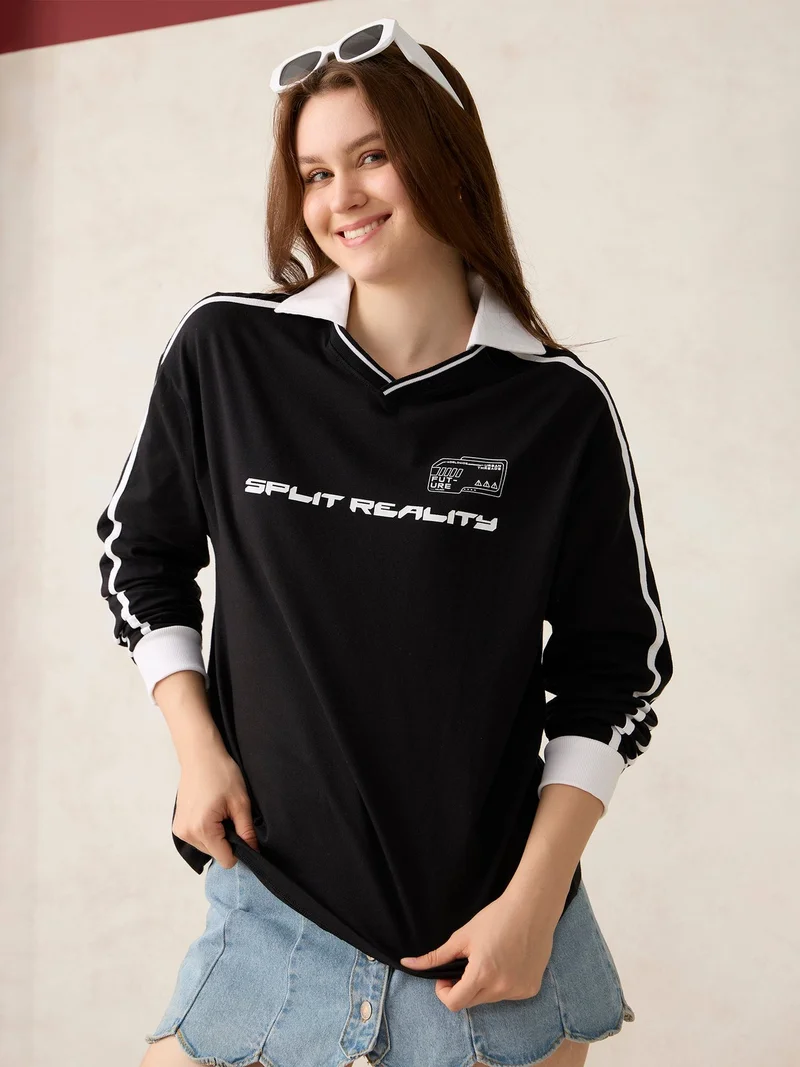 OUTZIDR Black Varsity Graphic T-Shirt