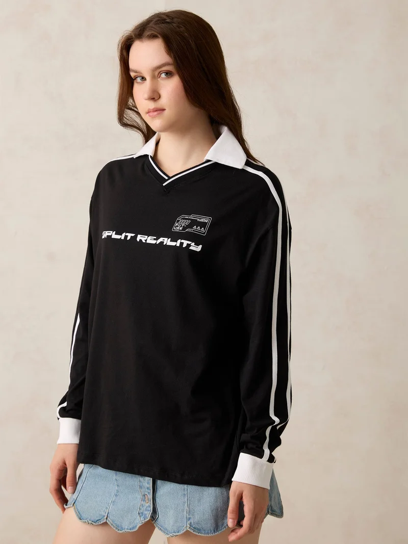 OUTZIDR  Black Varsity Graphic T-Shirt for Women | Best Price UAE