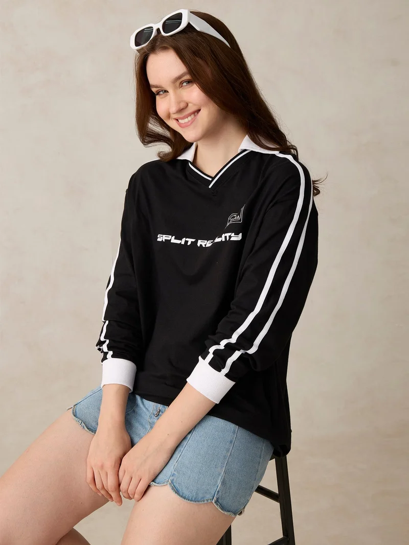 OUTZIDR  Black Varsity Graphic T-Shirt for Women | Best Price UAE