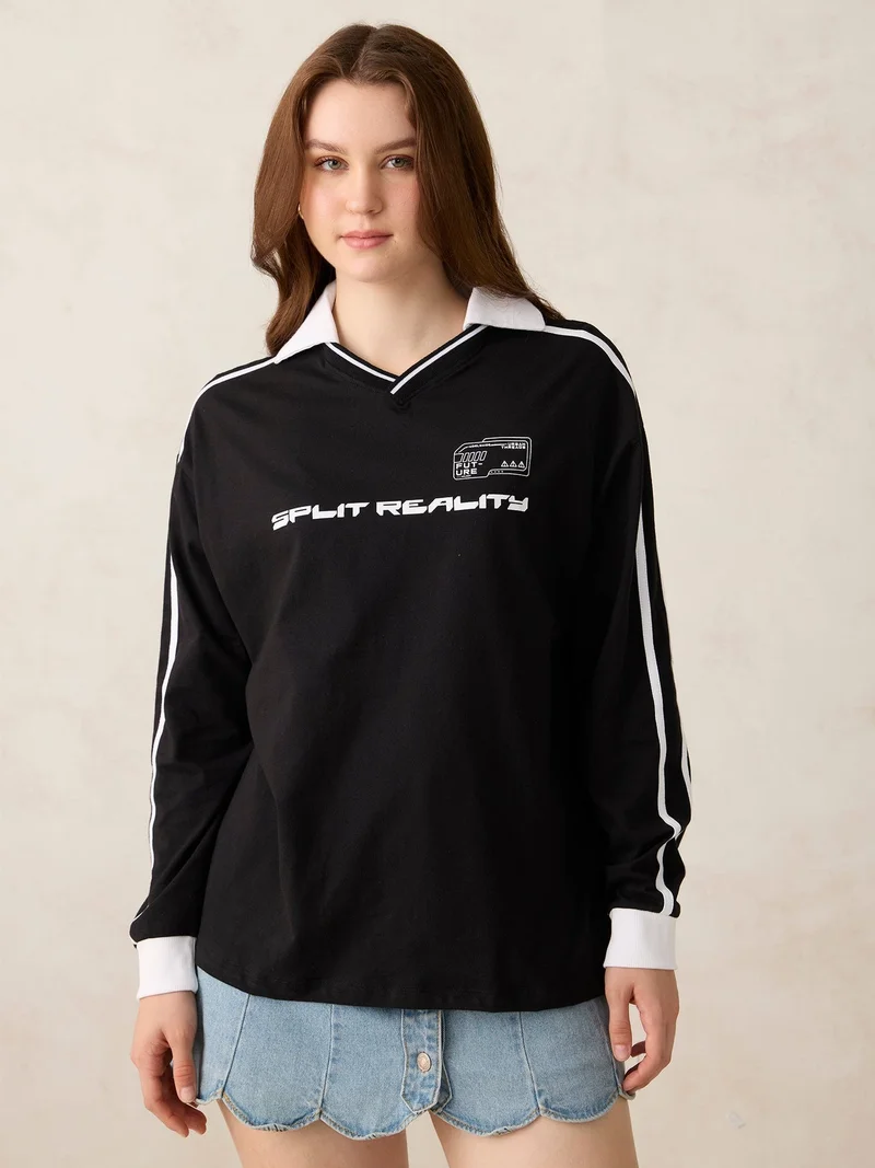 OUTZIDR  Black Varsity Graphic T-Shirt for Women | Best Price UAE