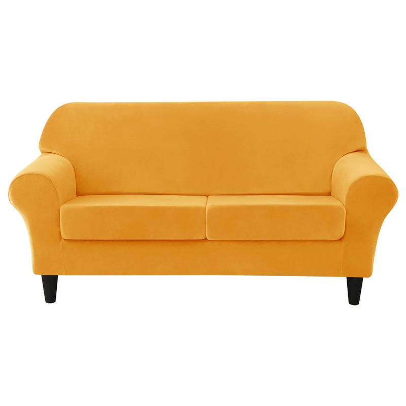 CONRUSER Stretch Sofa Slipcover Soft Velvet Sofa Covers for 2 Cushion Couch Thick Furniture Protector for Pets  Kids Gold M