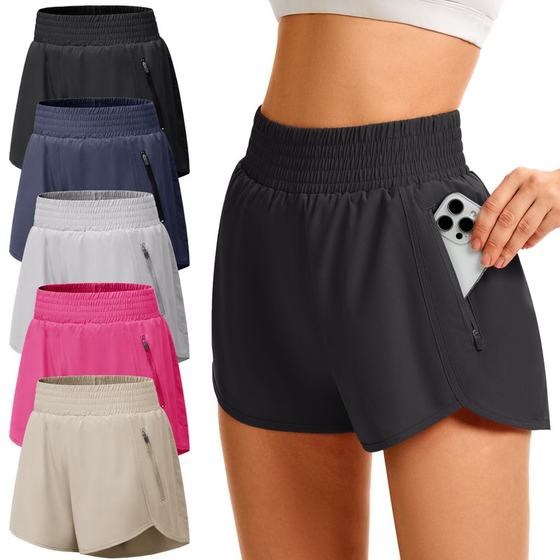TVKSOM Women's Athletic Workout Shorts High Waisted with Zipper Pockets Gym Elastic Running Shorts for Women Casual - Image 1