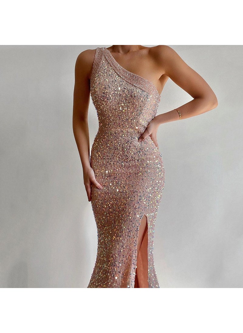 Generic 2024 Winter New Womens Pink Sequin Slit One-Shoulder Dress White  - Image 2