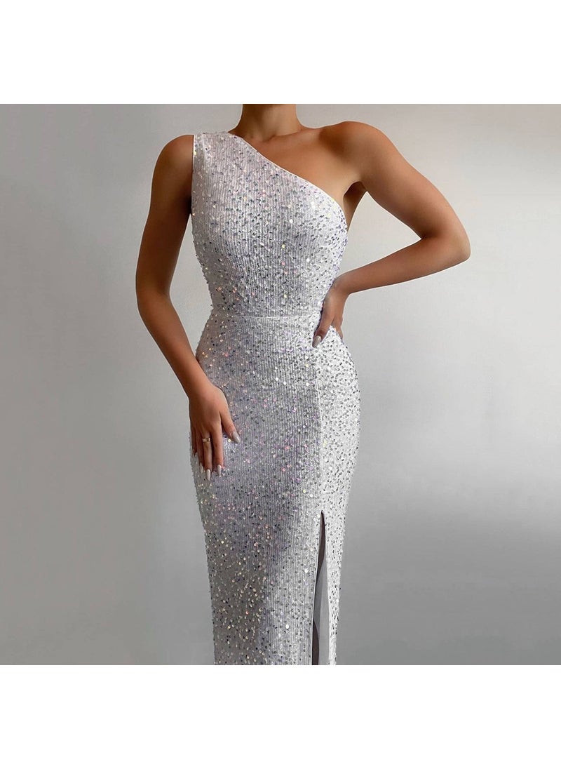 Generic 2024 Winter New Womens Pink Sequin Slit One-Shoulder Dress White  - Image 1