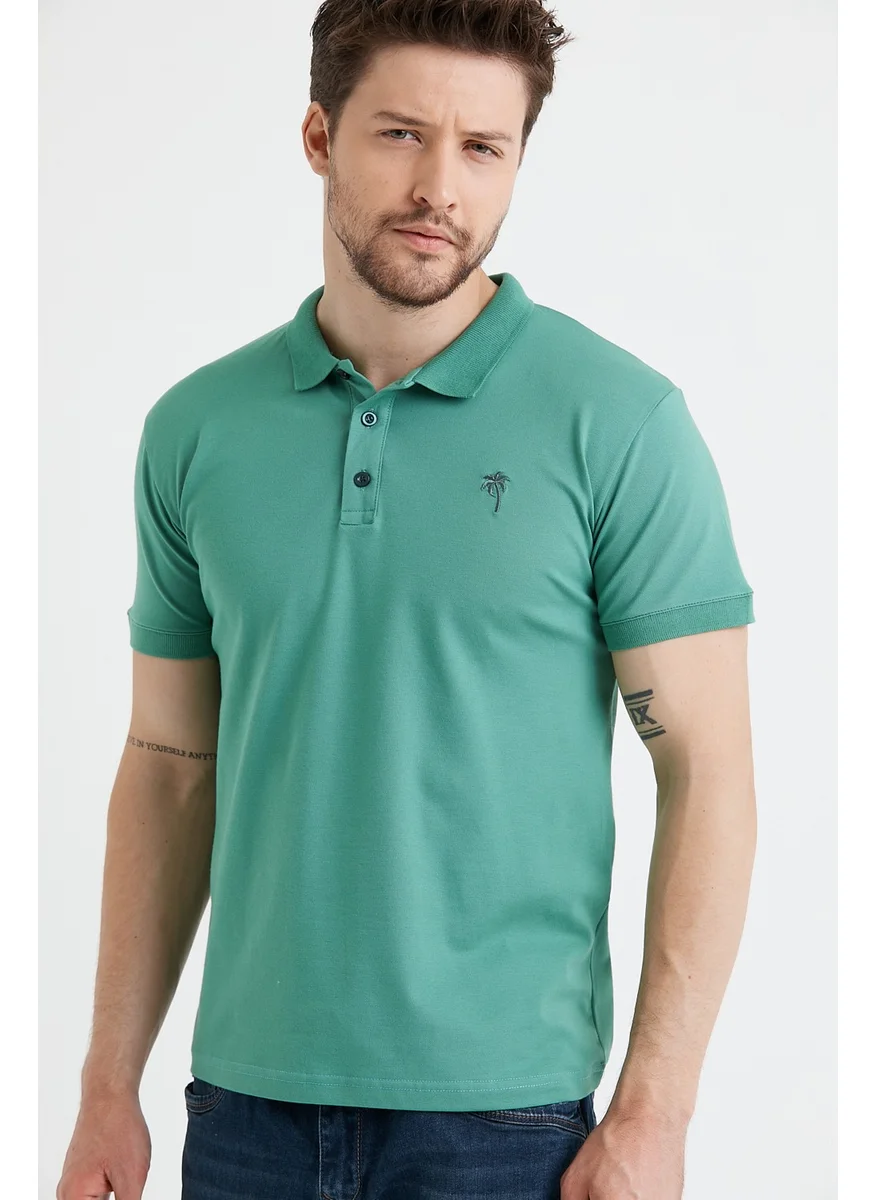 MRS Clothing Palm Men's Green Polo Neck T-Shirt with Embroidery Detail