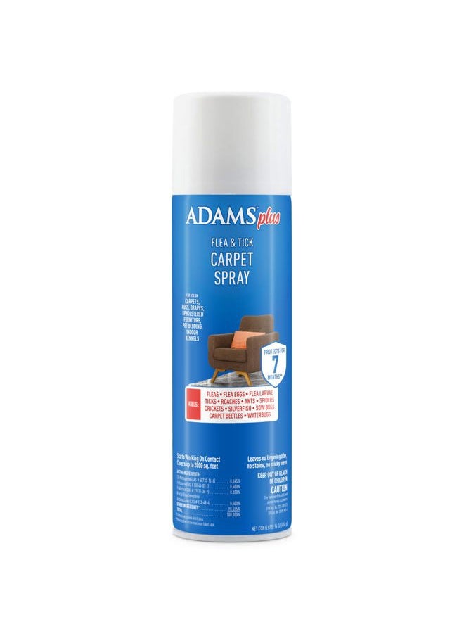 ADAMS Plus Flea & Tick Carpet Spray, Kills Fleas, Flea Eggs, Flea Larvae, Ticks, Ants, Roaches, Spiders, Waterbugs & Many Other Listed Nuisance Pests In The Carpet, Treats Up to 2,000 Sq Ft, 16 Ounces  - Image 1