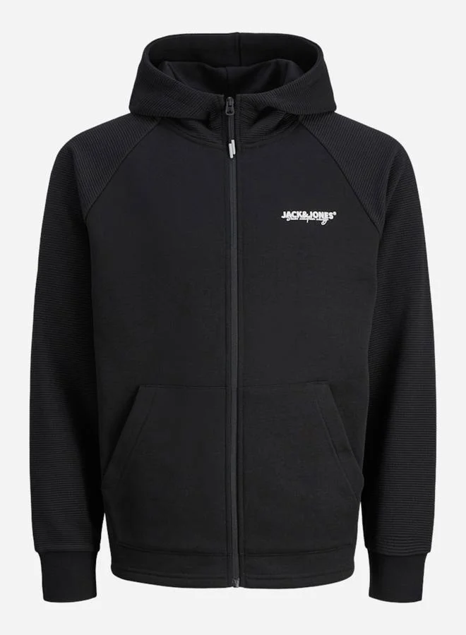 JACK & JONES Black Zip-Up Raglan Sleeves Hoodie