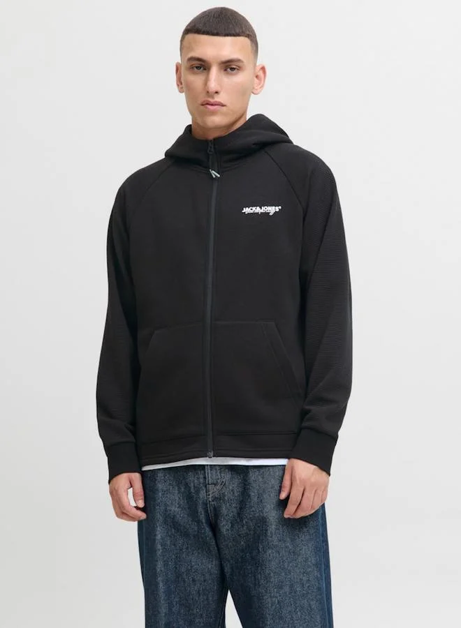 JACK & JONES Black Zip-Up Raglan Sleeves Hoodie