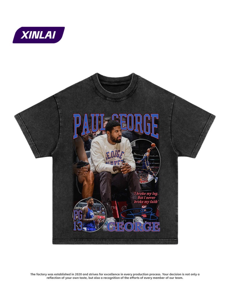 American Print Clippers Paul George Retro Short Sleeve Casual Hip Hop Sports Heavy Cotton T-shirt vintage - Image 2