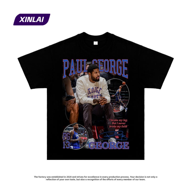 American Print Clippers Paul George Retro Short Sleeve Casual Hip Hop Sports Heavy Cotton T-shirt vintage - Image 1