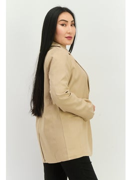 NIA Women Regular Fit Stripped Blazer, Tan  - Image 2