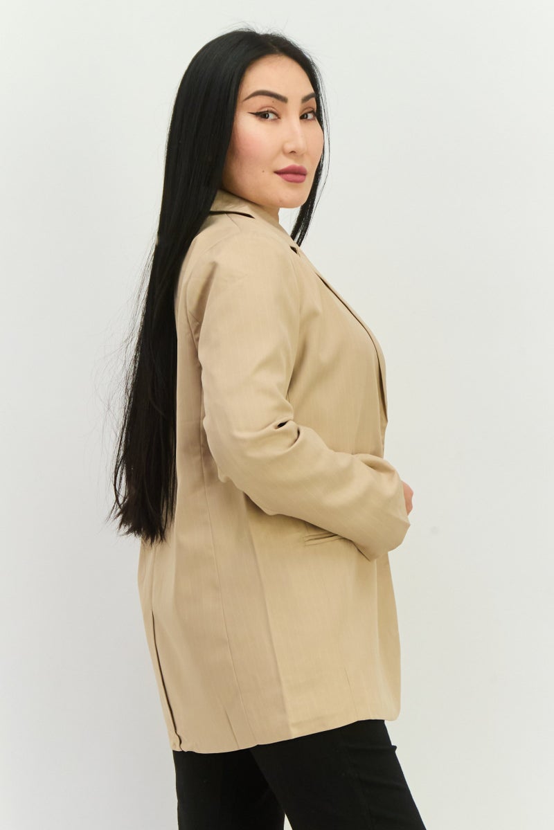 NIA Women Regular Fit Stripped Blazer, Tan - Image 2