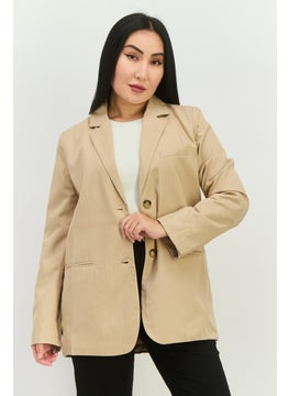 NIA Women Regular Fit Stripped Blazer, Tan  - Image 1