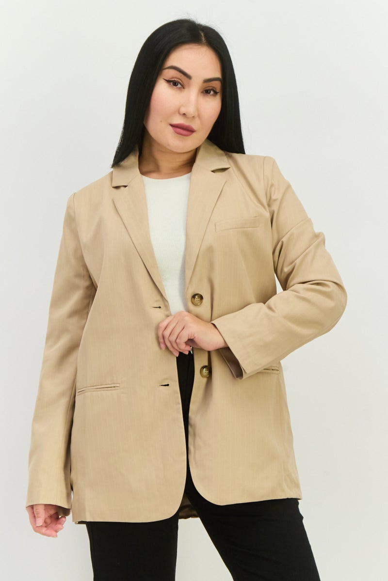 NIA Women Regular Fit Stripped Blazer, Tan - Image 1