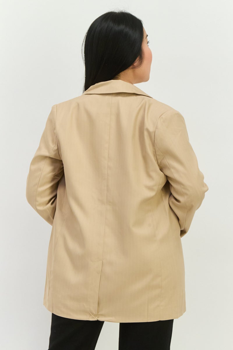 NIA Women Regular Fit Stripped Blazer, Tan - Image 3