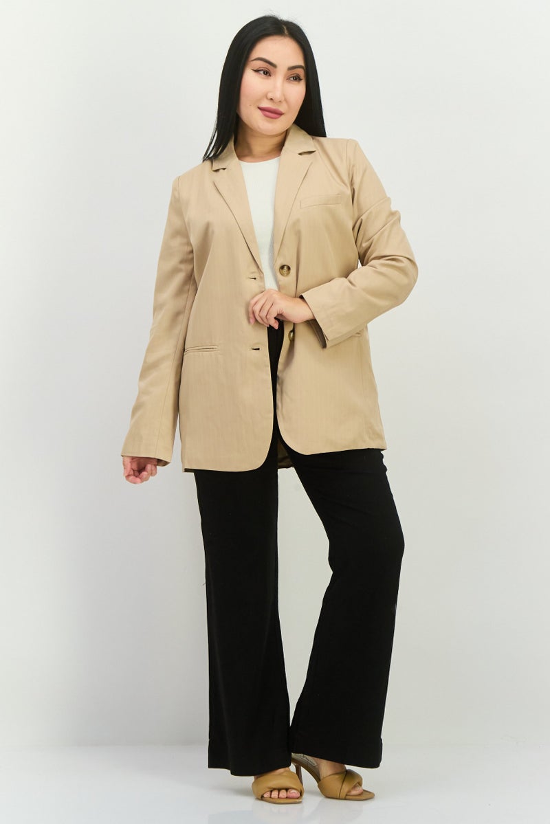 NIA Women Regular Fit Stripped Blazer, Tan - Image 4