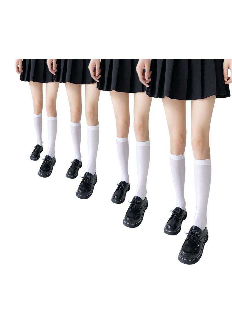 Women Girls Thin Cotton Knee High Socks, Women's Flat Knit Knee High Socks, 4 Pairs(White)  - Image 1