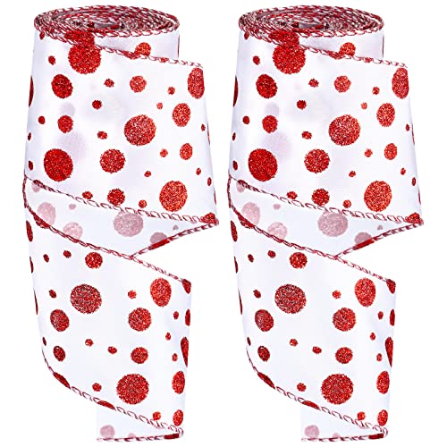 Dilunave 2 Rolls 25 Inch x 6 Yards Christmas Red and White Ribbon Christmas Candy Cane Wired Edge Ribbons DIY Craft for Xmas Tree Decorations Wreath Bows Making Gift WrappingPolka Dots - Image 1