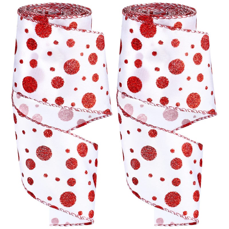 Dilunave 2 Rolls 25 Inch x 6 Yards Christmas Red and White Ribbon Christmas Candy Cane Wired Edge Ribbons DIY Craft for Xmas Tree Decorations Wreath Bows Making Gift WrappingPolka Dots - Image 3