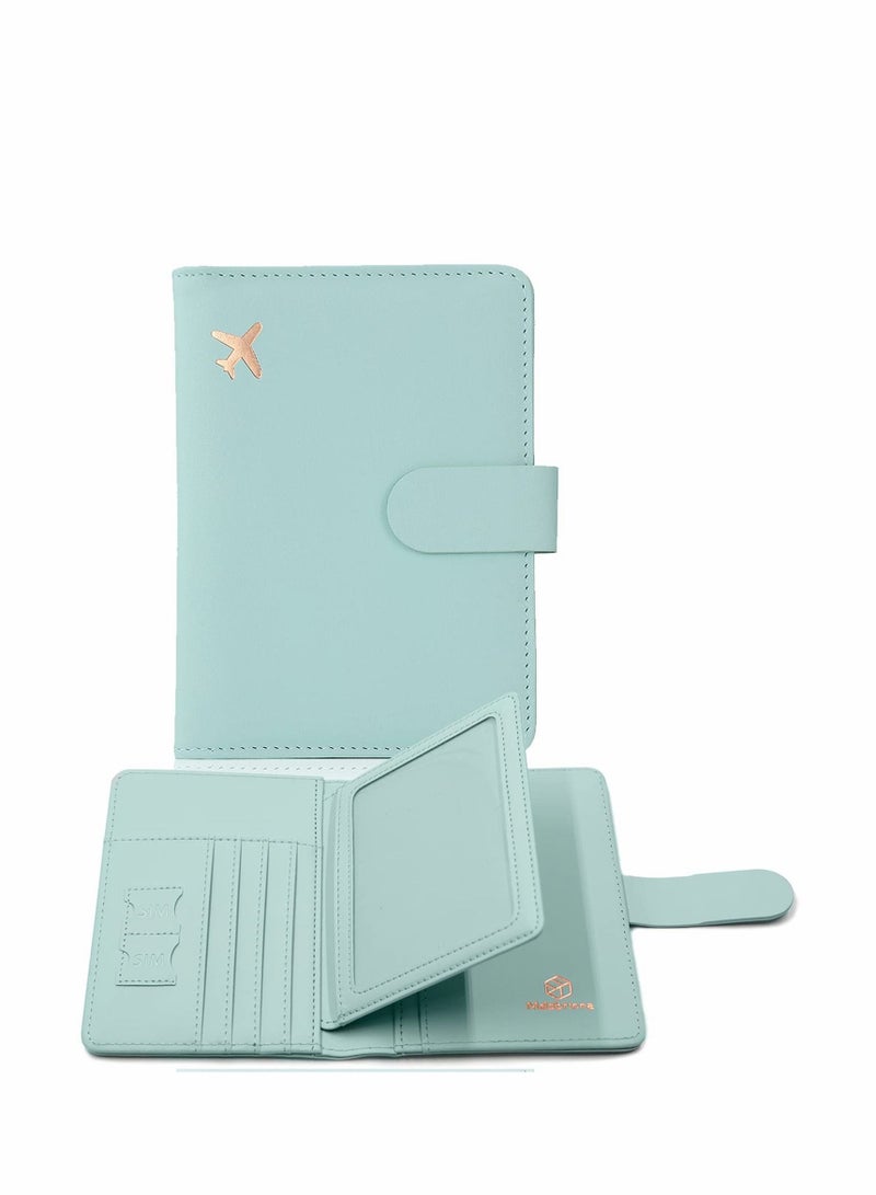 Excefore حامل جواز السفر، فتحات للبطاقات، حقيبة تخزين شهادات الطائرات الإبداعية، غطاء جواز سفر لطيف للنساء والرجال، محفظة سفر مقاومة للماء تعمل بتقنية Rfid (أخضر مائي) - Image 1