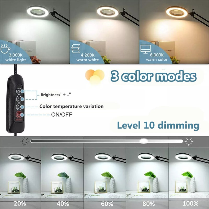 Adjustable arm type 10X magnifying LED light, 10x magnifying glass with light, 10 brightness, 3 colors with flexible arm and clip, suitable for close range work of reading, maintenance, and crafts - Image 5
