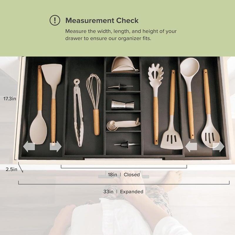 KitchenEdge Adjustable Kitchen Drawer Organizer for Utensils and Junk, Food-Safe Contract Grade with 100% Sustainable Wood, Expandable from 19 to 33 Inches Wide - Black Bamboo - Image 4