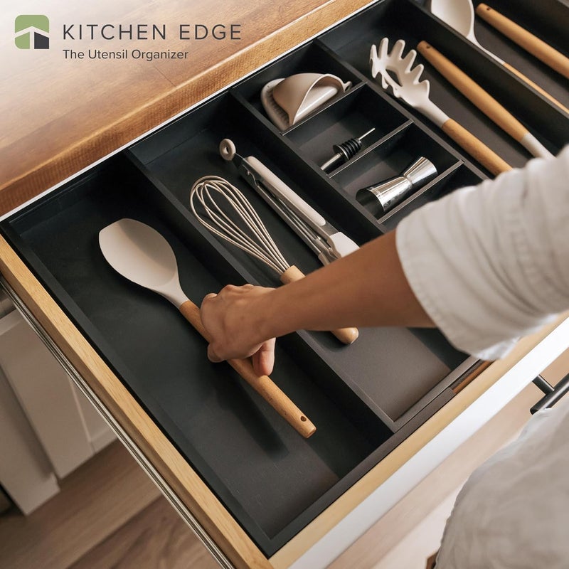 KitchenEdge Adjustable Kitchen Drawer Organizer for Utensils and Junk, Food-Safe Contract Grade with 100% Sustainable Wood, Expandable from 19 to 33 Inches Wide - Black Bamboo - Image 2