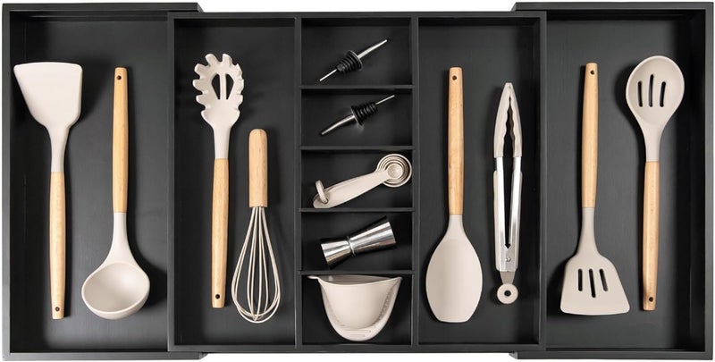 KitchenEdge Adjustable Kitchen Drawer Organizer for Utensils and Junk, Food-Safe Contract Grade with 100% Sustainable Wood, Expandable from 19 to 33 Inches Wide - Black Bamboo - Image 1