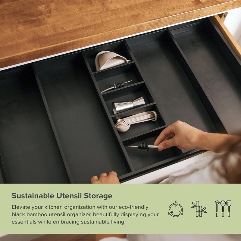 KitchenEdge Adjustable Kitchen Drawer Organizer for Utensils and Junk, Food-Safe Contract Grade with 100% Sustainable Wood, Expandable from 19 to 33 Inches Wide - Black Bamboo - Image 5