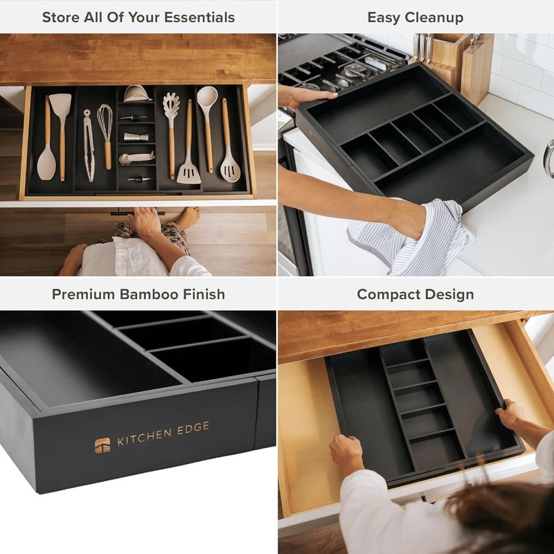 KitchenEdge Adjustable Kitchen Drawer Organizer for Utensils and Junk, Food-Safe Contract Grade with 100% Sustainable Wood, Expandable from 19 to 33 Inches Wide - Black Bamboo - Image 3