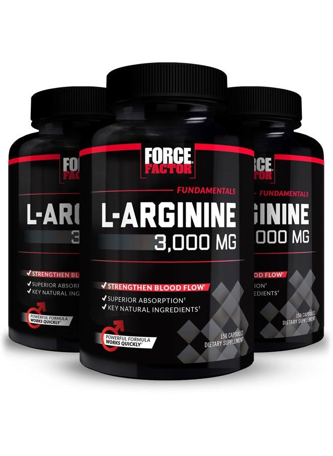 Force Factor - L-Arginine,3-Pack,Nitric Oxide Supplement with BioPerine to Help Build Muscle & Support Stronger Blood Flow,Circulation,Nutrient Delivery,& Pumps,L-Arginine 3000mg,3g,450 Capsules - Image 1