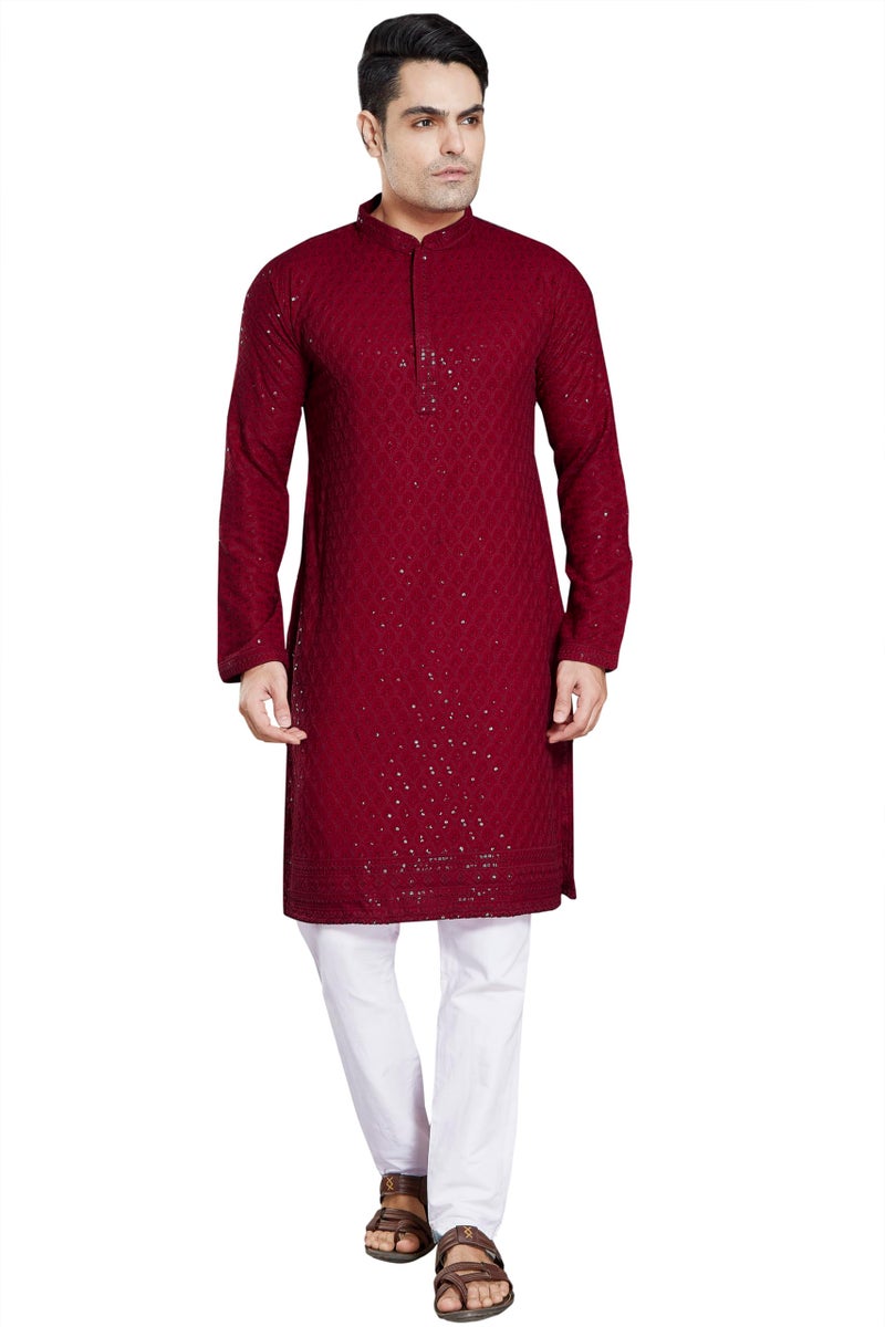 DIVISIVE Men's Sequince Embroidered Cotton Blend Slim Fit Kurta Pyjama Set (DKRT22_XL_Maroon) - Image 1
