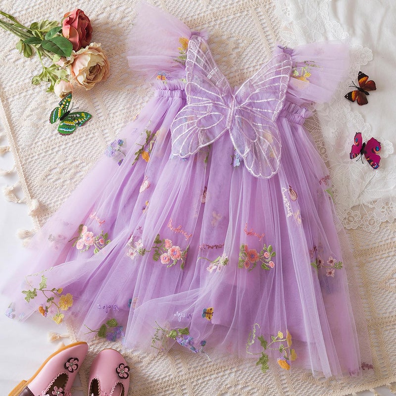 Nileafes Toddler Girl Flower Butterfly Embroidery Tutu Dress Casual Tulle Princess Birthday Dresses Size 110 (3-4 Years, 109-Purple) - Image 2