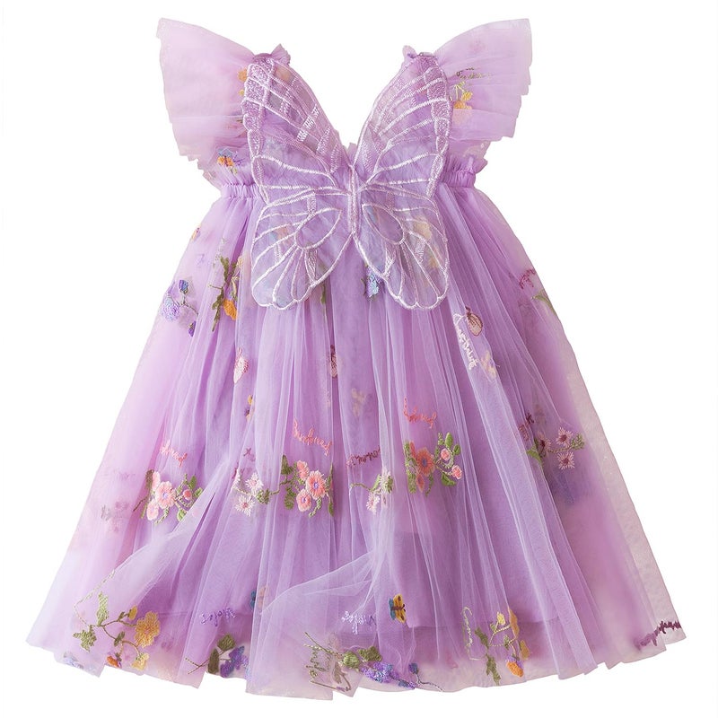 Nileafes Toddler Girl Flower Butterfly Embroidery Tutu Dress Casual Tulle Princess Birthday Dresses Size 110 (3-4 Years, 109-Purple) - Image 1