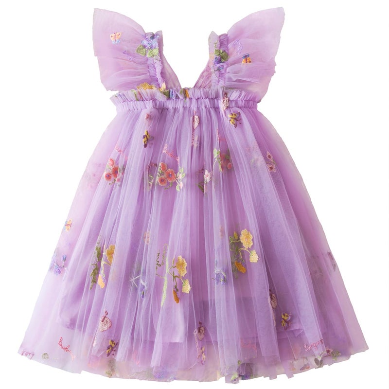 Nileafes Toddler Girl Flower Butterfly Embroidery Tutu Dress Casual Tulle Princess Birthday Dresses Size 110 (3-4 Years, 109-Purple) - Image 4
