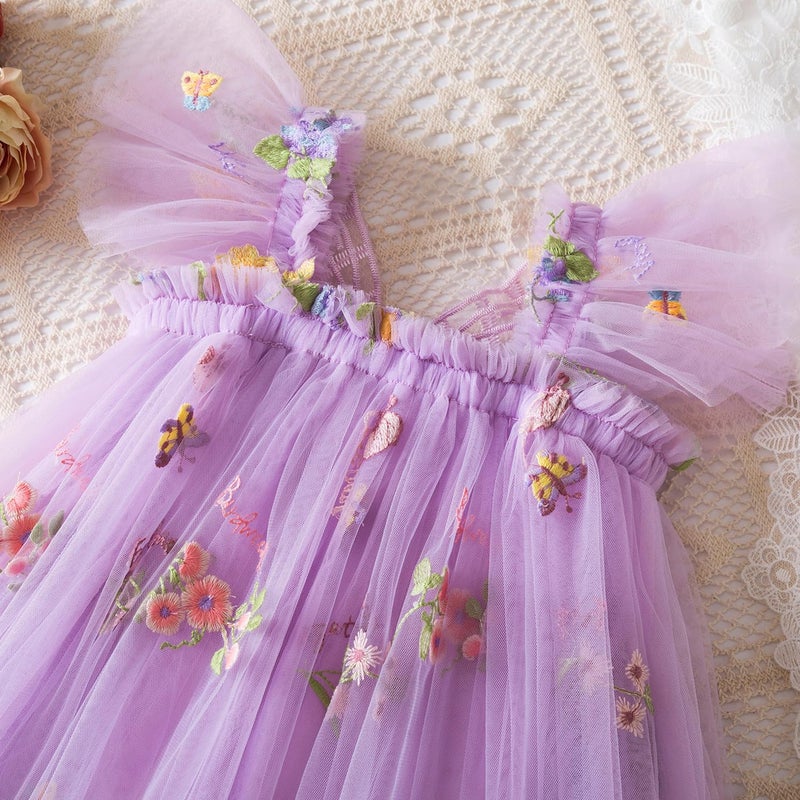 Nileafes Toddler Girl Flower Butterfly Embroidery Tutu Dress Casual Tulle Princess Birthday Dresses Size 110 (3-4 Years, 109-Purple) - Image 3