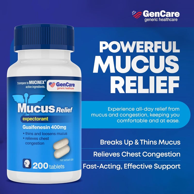 GenCare Mucus Relief Expectorant Guaifenesin 400 mg 200 Tablets Value Pack Fast Acting Thinning of Mucus for Colds Chest Congestion Flu Coughing and Allergies - Image 2