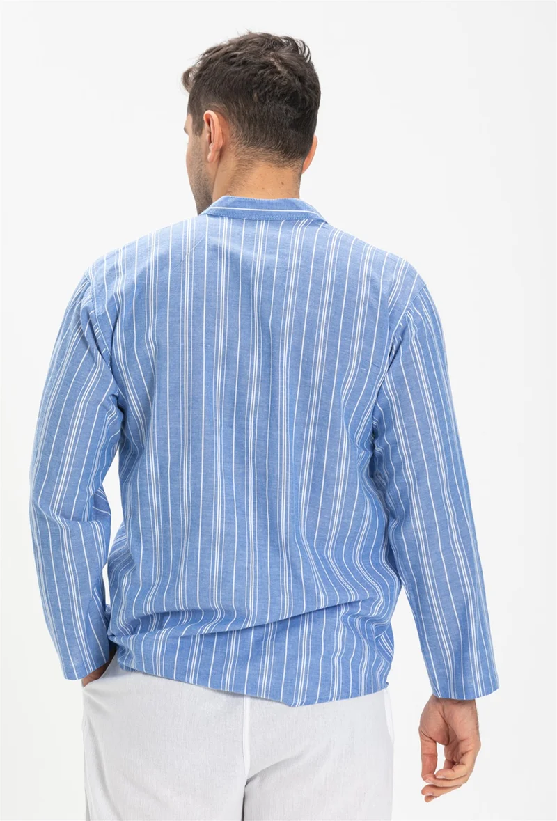 Eliş Şile Bezi Uzun Kol Şile Bezi Tek Cepli Hakim Yaka Erkek Tshirt Mavi Beyaz Çizgili 3019