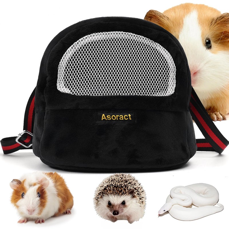 Asoract Sugar Glider Pouch Bonding Fleece Guinea Pig Carrier, Soft Comfortable Going Out Small Pets Sleeping Bag with Adjustable Strap,Breathable Mesh Window and Removable Mat for Hedgehogs (Black, L1) - Image 1